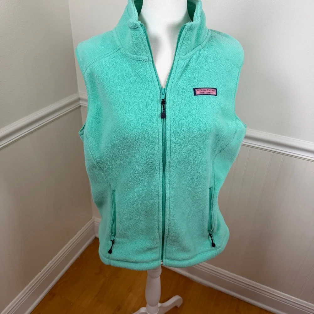 Vineyard Vines‎ Fleece Vest Mint Green Full Zip Mock Neck Logo Women Size Medium